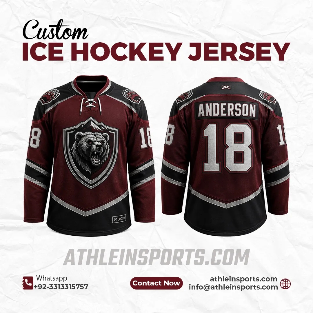 Burgundy and black hockey jersey with bear crest and number 18