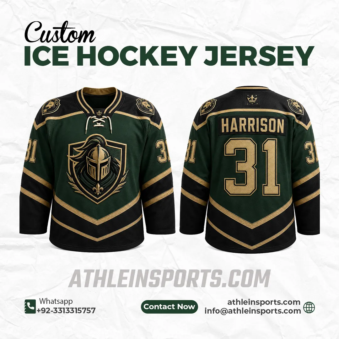 Green and black hockey jersey with gold crest and number 31
