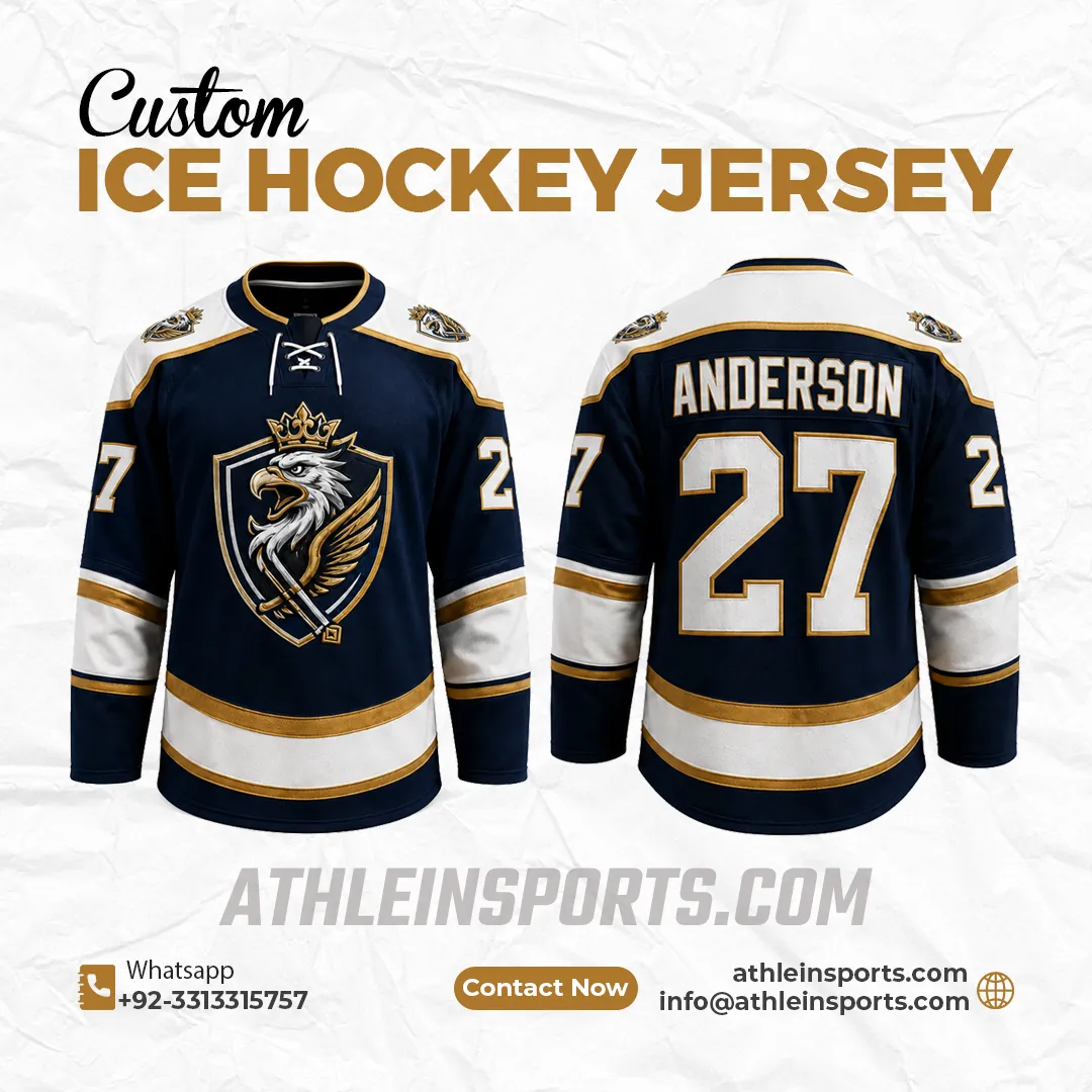 Navy, white and gold hockey jersey with eagle crest and number 27
