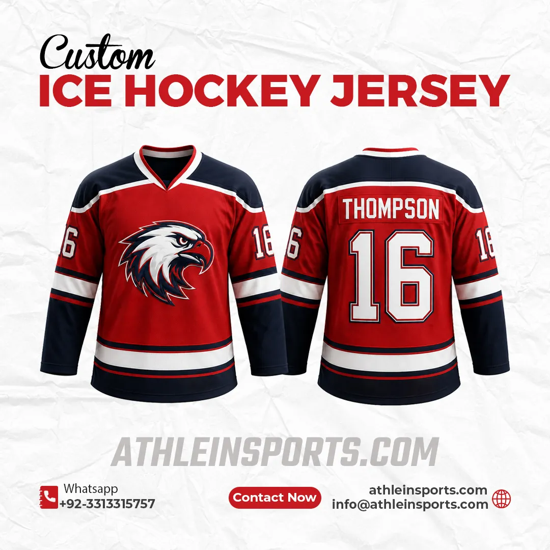 Red, navy and white hockey jersey with eagle crest and number 16