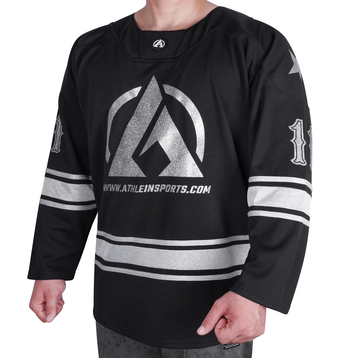 Black ATHLEIN hockey jersey with silver chest logo and sleeve stripes