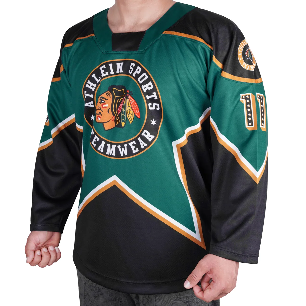 Green and black ATHLEIN hockey jersey with gold trim and circular chest crest