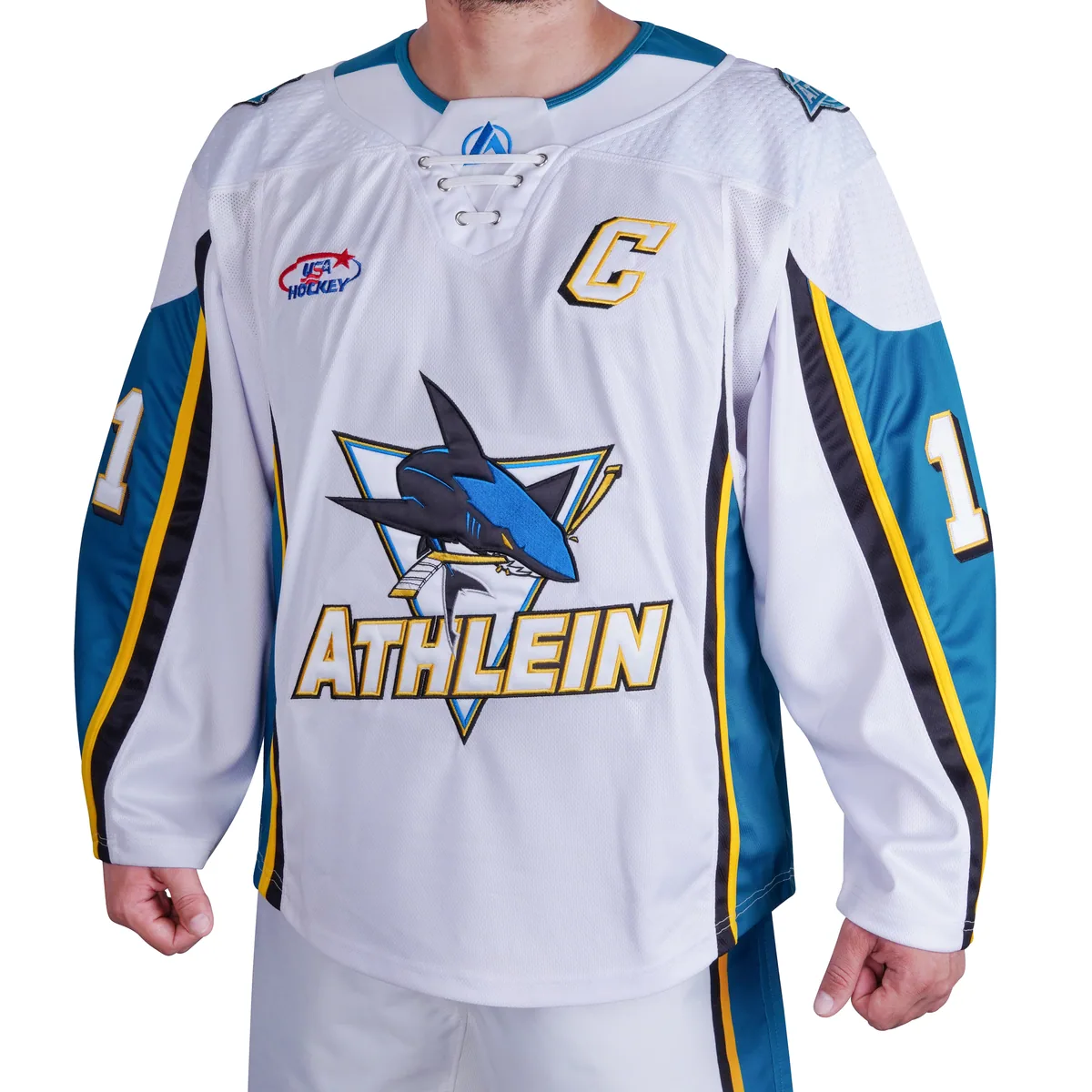 White and teal ATHLEIN hockey jersey with shark crest and lace-up neckline